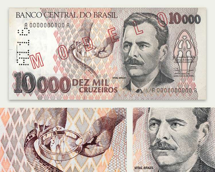 Montagem com detalhes do anverso da cédula de Cr$ 10 mil com a imagem de Vital Brazil