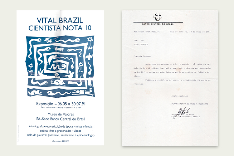 Cartaz da exposição "Vital Brazil Cientista Nota 10" e carta de agradecimento do Banco Central