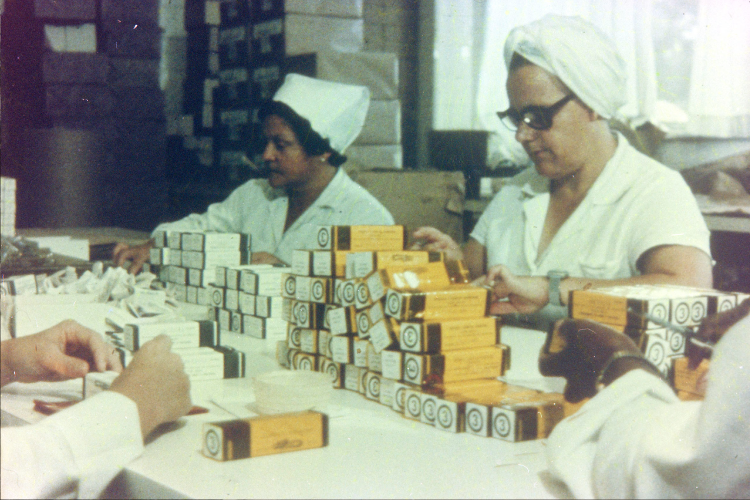 Acondicionamento de ampolas com soro antiofídico em caixas para distribuição. 1982. Acervo Instituto Butantan / Centro de Memória.