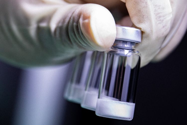 Mão segurando três ampolas com vacina da dengue liofilizada